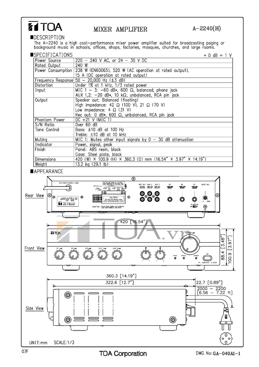 TANG AM TRUYEN THANH LIEN MIXER TOA A 2240, MIXER TOA A 2240, TOA A 2240