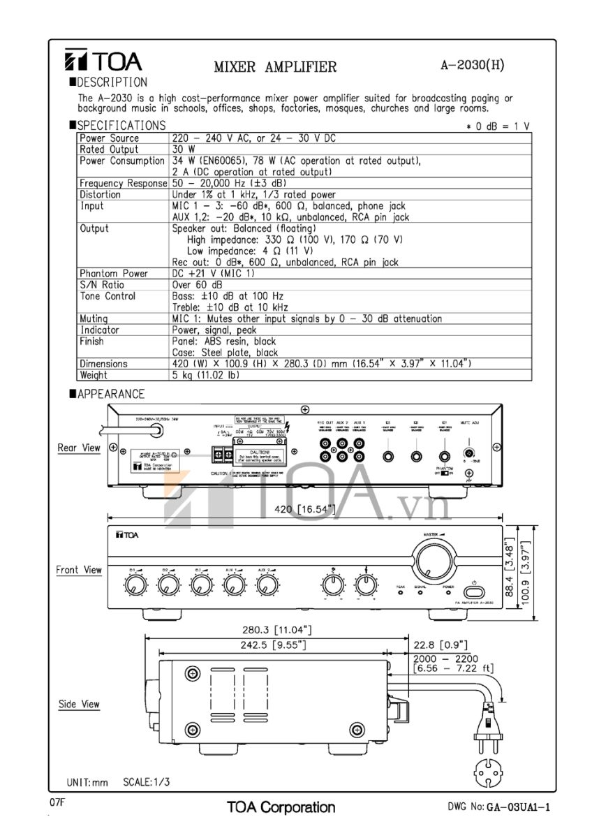 TANG AM TRUYEN THANH LIEN MIXER TOA A 2030, MIXER TOA A 2030, TOA A 2030