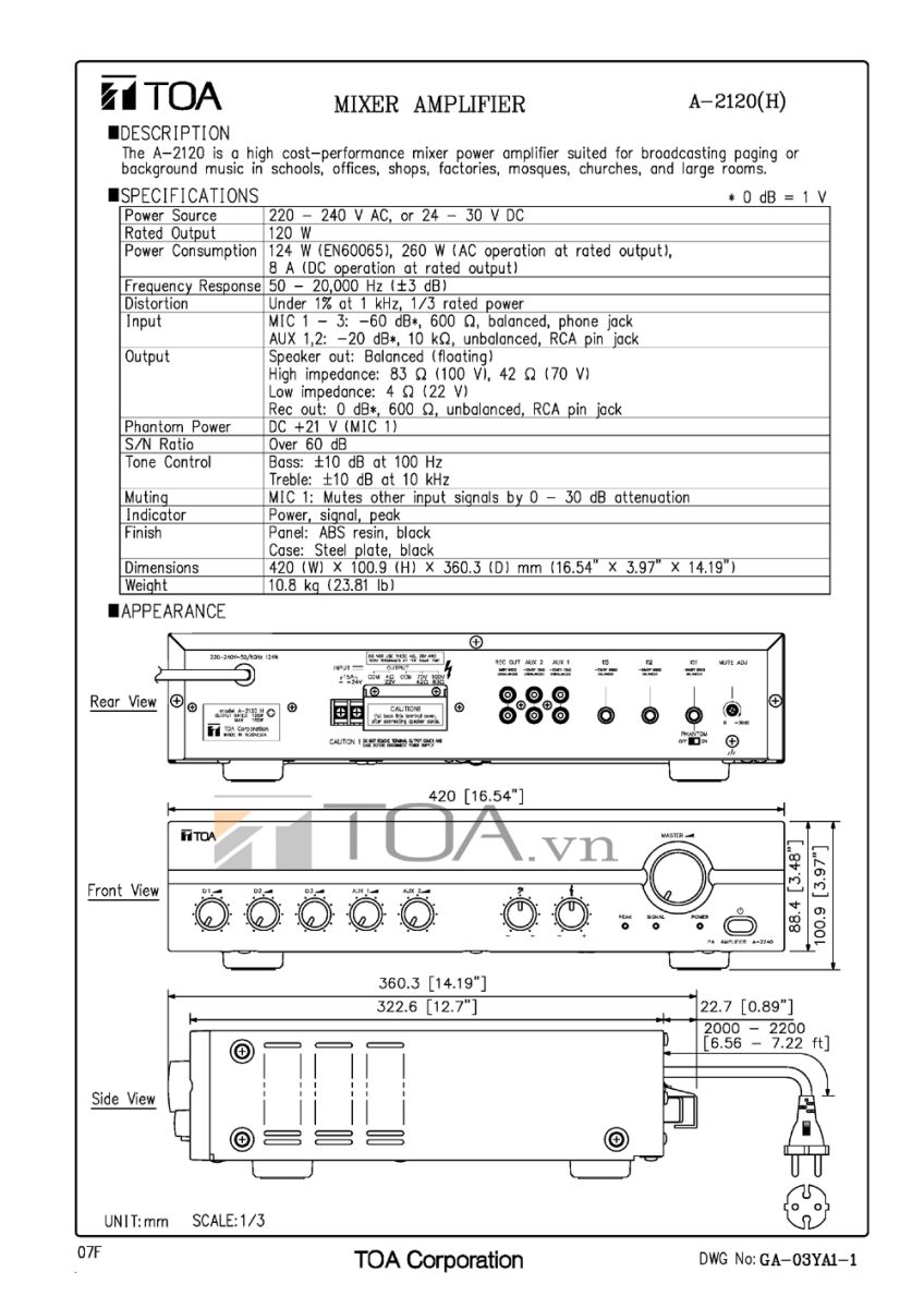 TANG AM TRUYEN THANH LIEN MIXER TOA A 2120, MIXER TOA A 2120, TOA A 2120