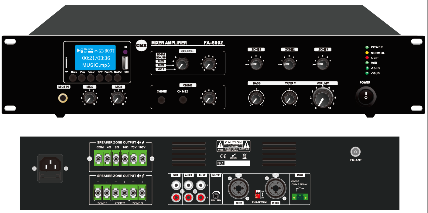 3 Zone Mixer Amplifier with ATT/Mp3/USB/FM/Bluetooth FA-60Z/FA-120Z/FA-240Z/FA-350Z/FA-500Z      