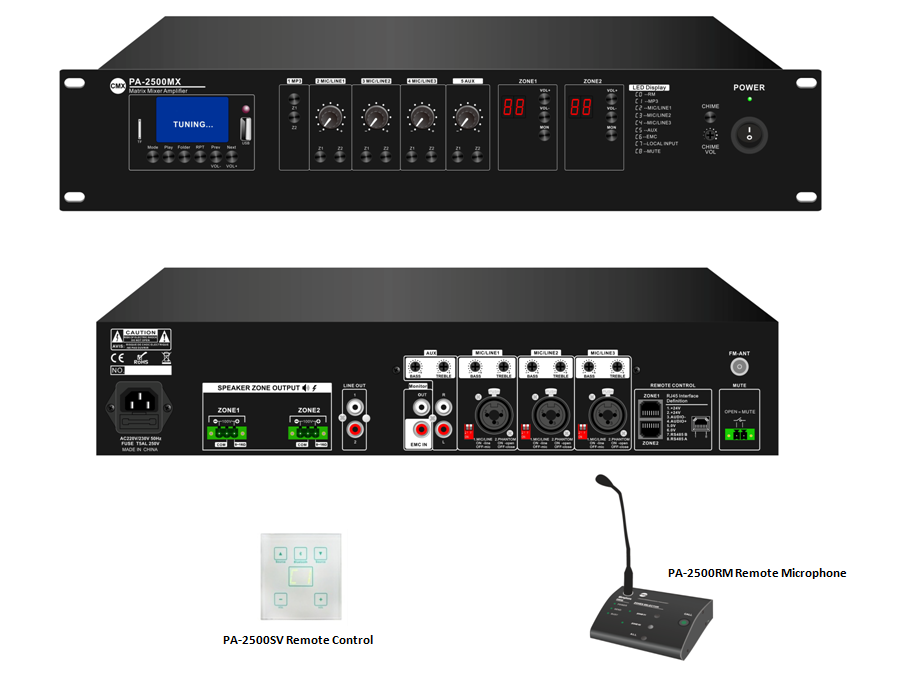 2 Zone Mixer Amplifier with USB/SD/FM/Bluetooth PA-2120MX PA-2240MX PA-2350MX PA-2500MX